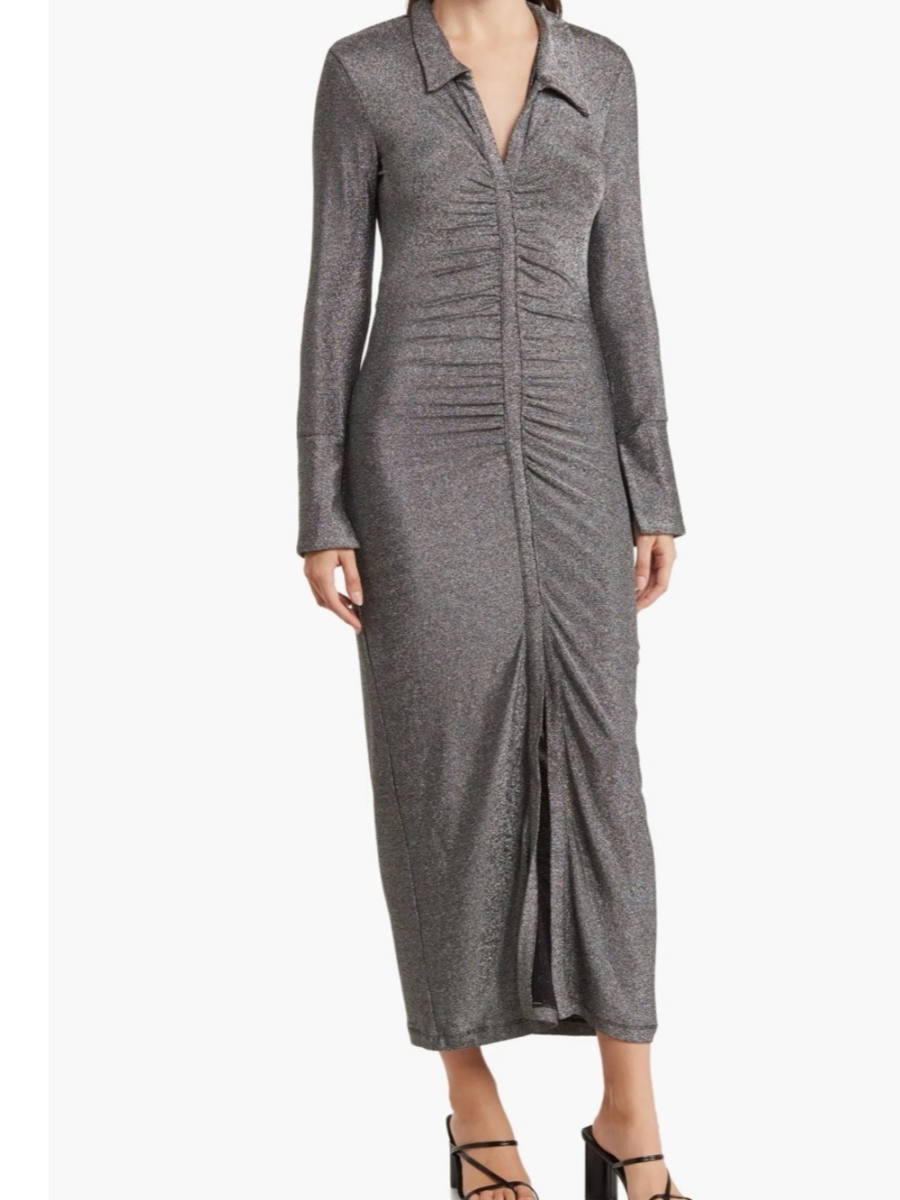 WAYF Metallic Silver Ruched Long Sleeve Midi Dress Small